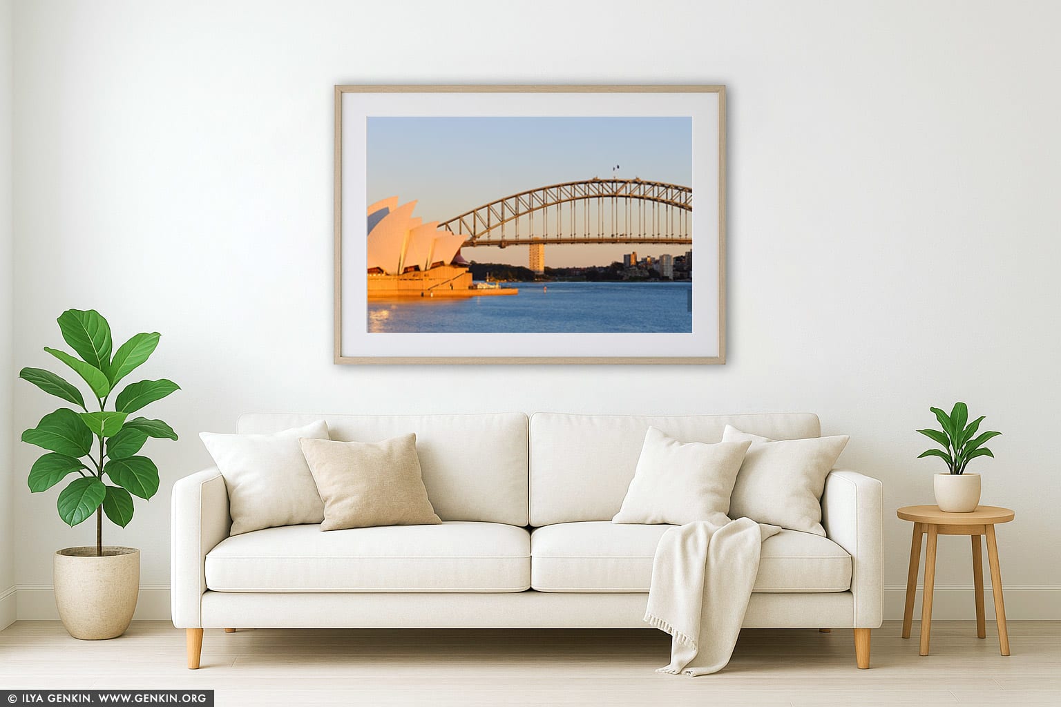 Sydney Opera House and Harbour Bridge at Sunrise wall art in a luxury living room interior