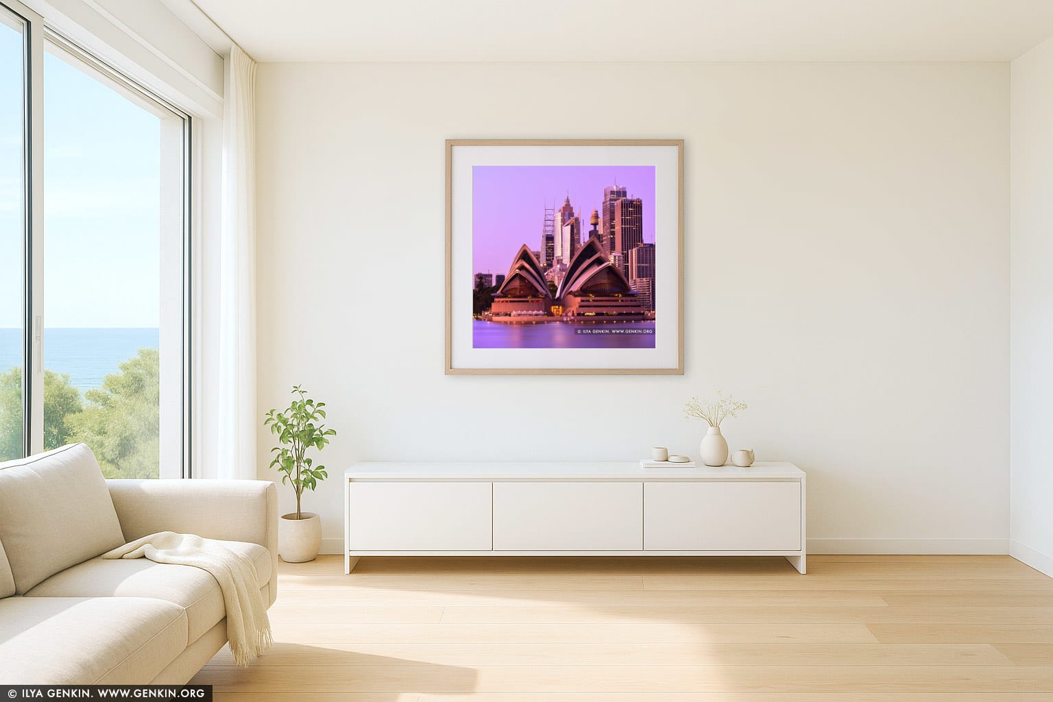 Opera House and Sydney City at Dawn wall art in a minimalist living room interior