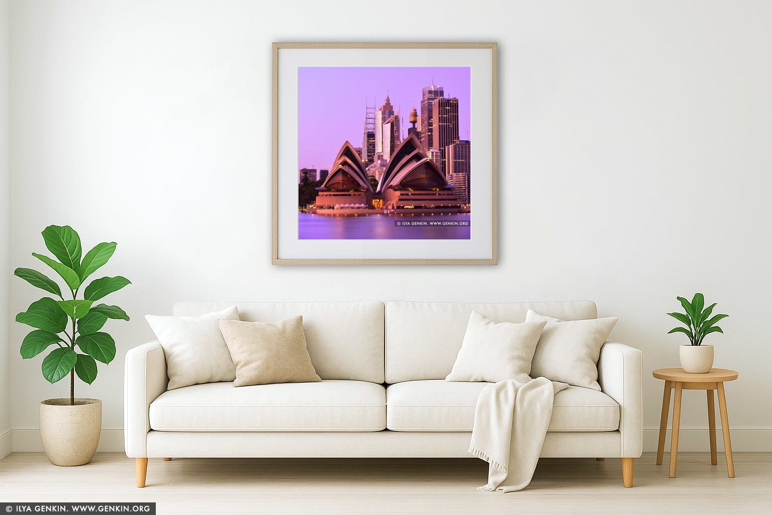 Opera House and Sydney City at Dawn wall art in a contemporary living room interior