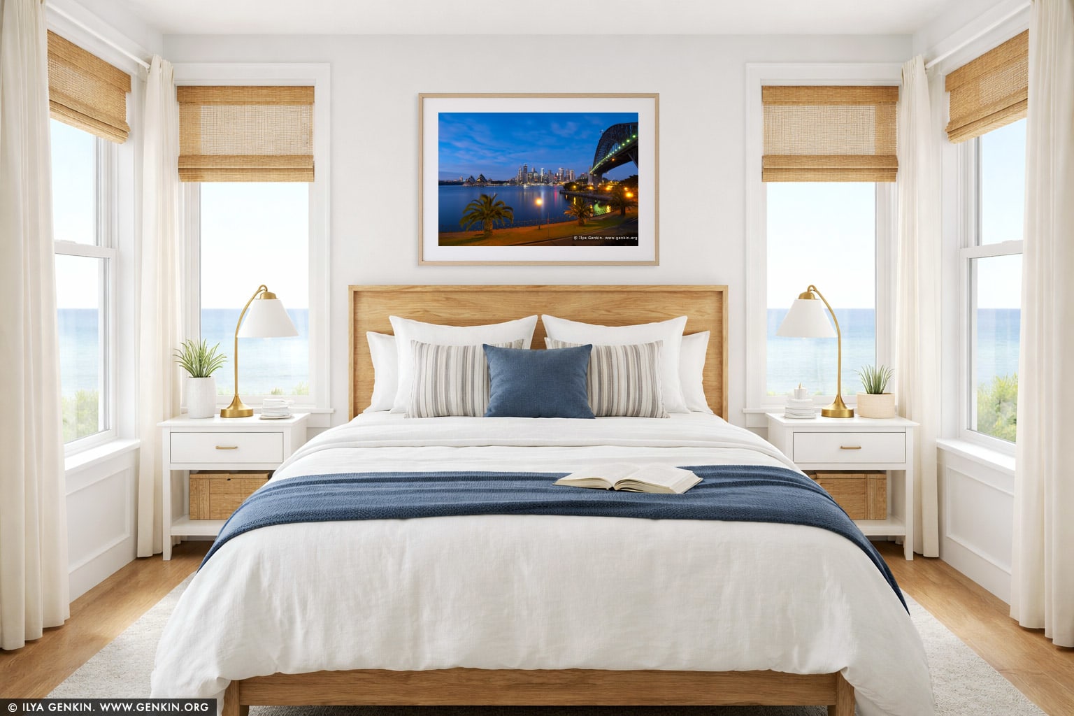 Sydney CBD Skyline with the Opera House and Harbour Bridge at Dawn wall art in a bedroom interior