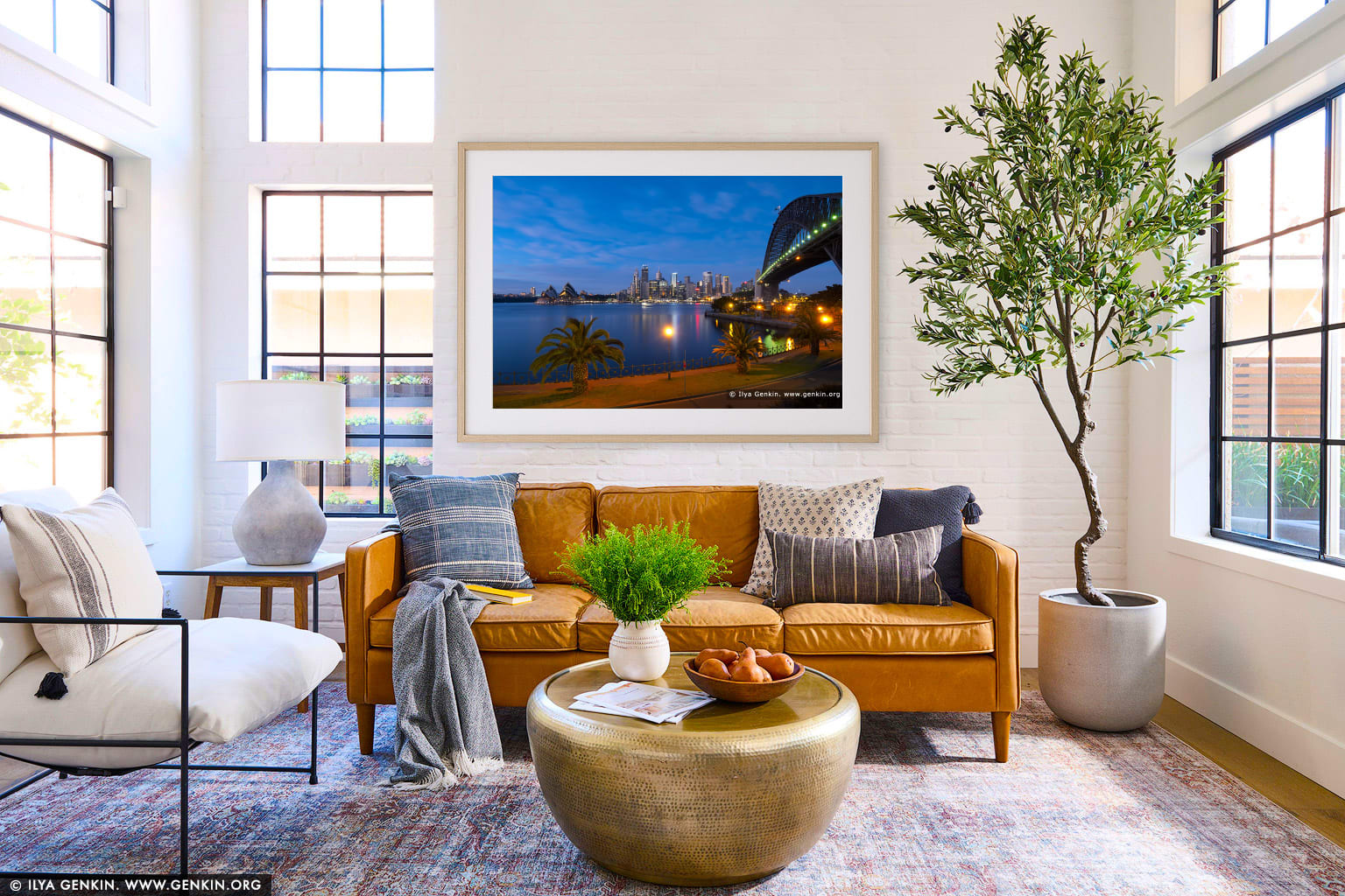 Sydney CBD Skyline with the Opera House and Harbour Bridge at Dawn wall art in a luxury living room interior