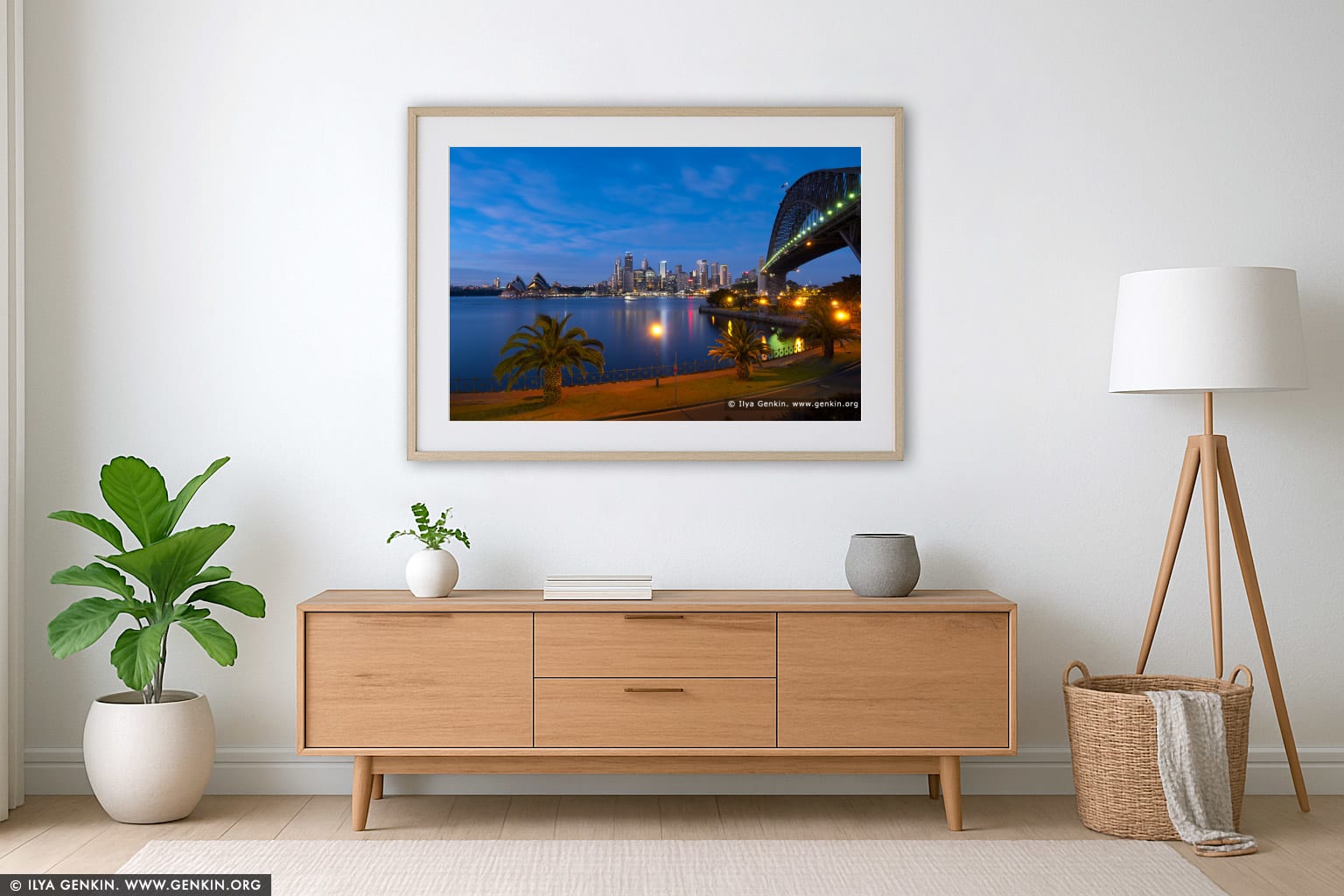 Sydney CBD Skyline with the Opera House and Harbour Bridge at Dawn wall art in a modern living room interior