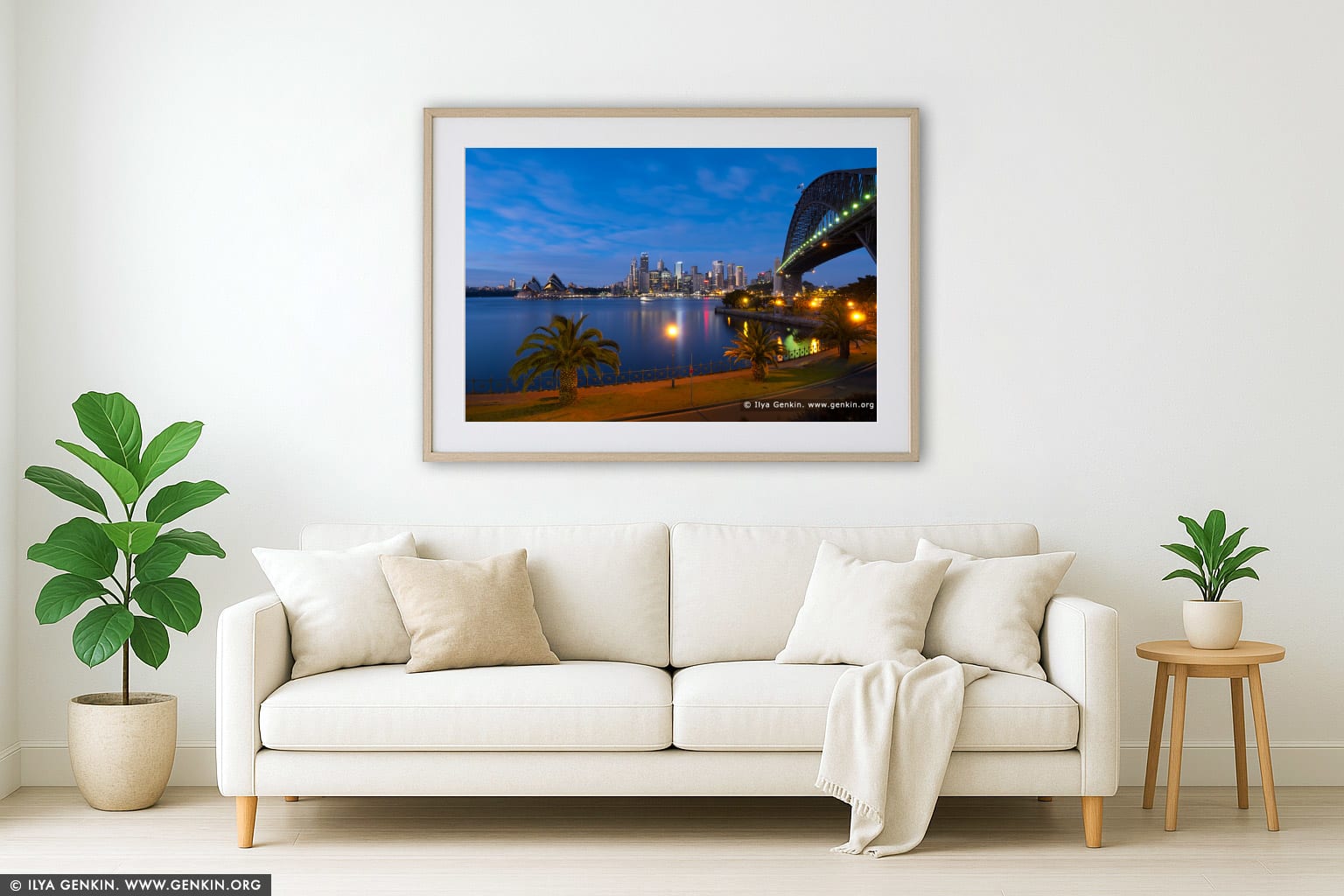 Sydney CBD Skyline with the Opera House and Harbour Bridge at Dawn wall art in a minimalist living room interior