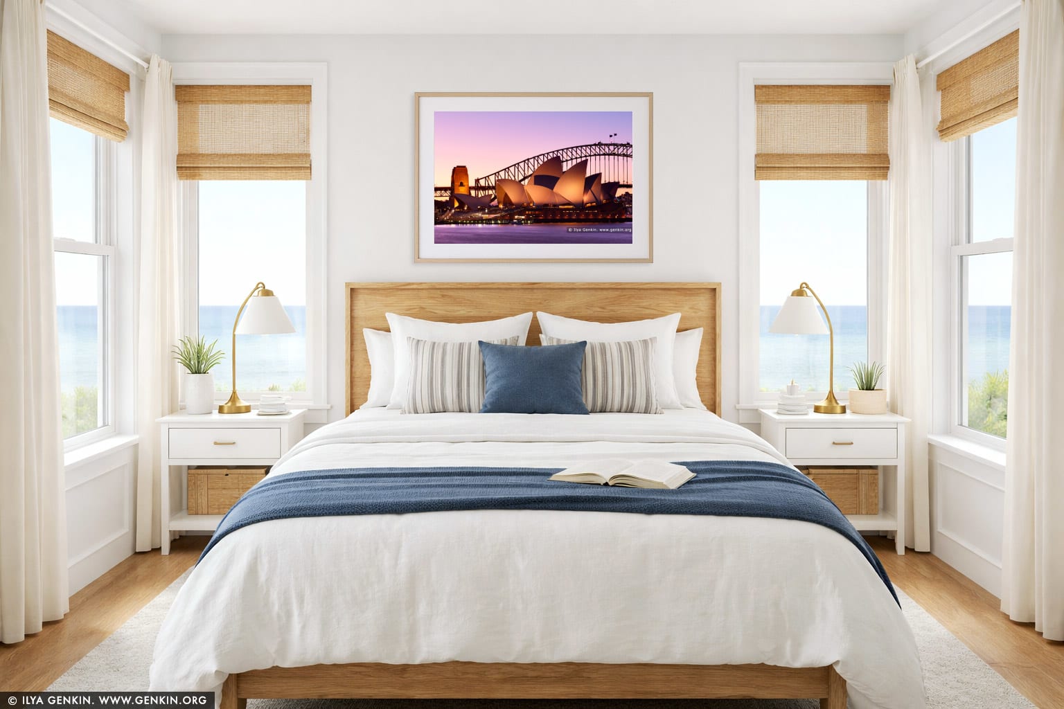 Sydney Opera House and Harbour Bridge after Sunset wall art in a bedroom interior