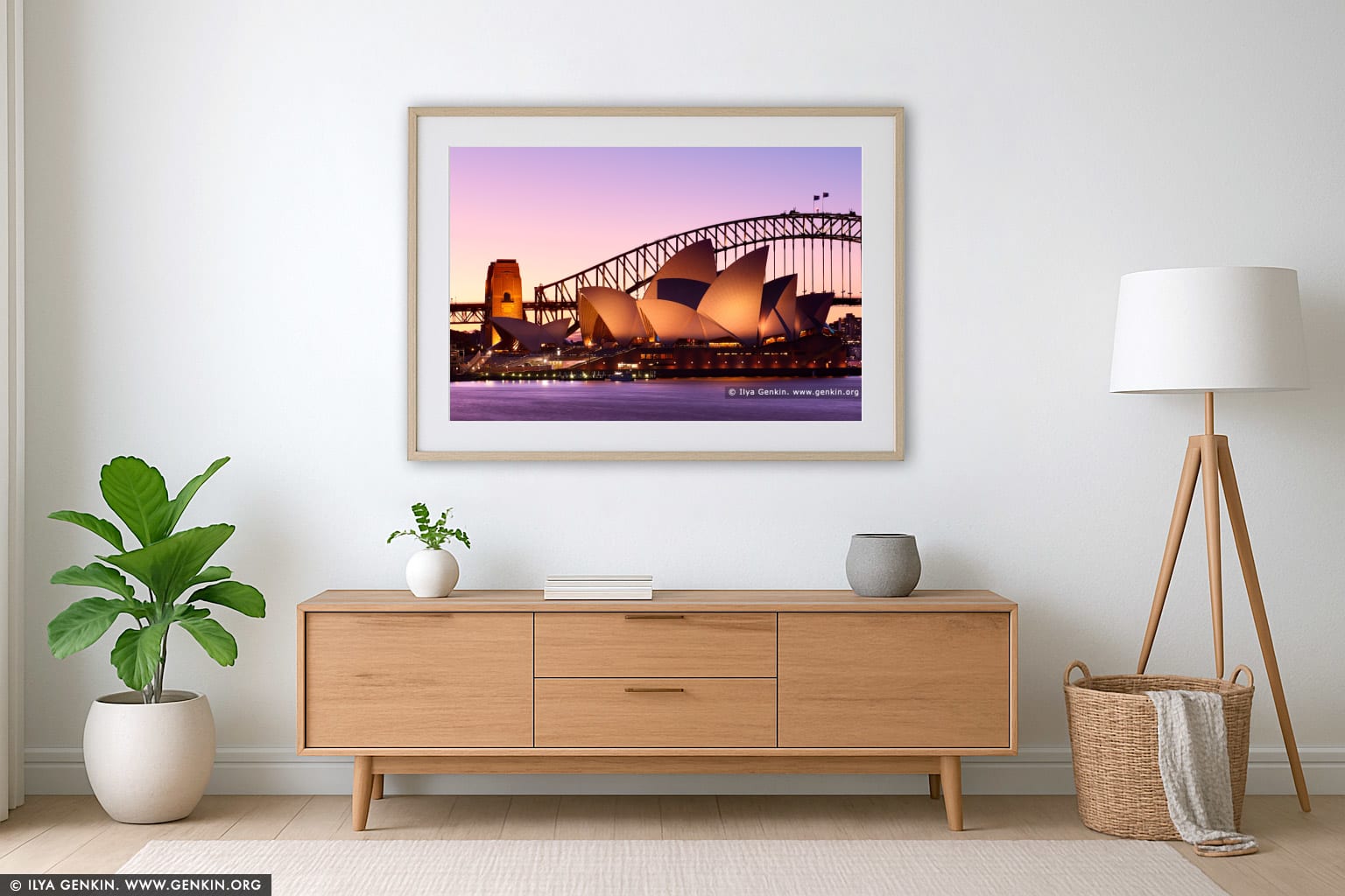 Sydney Opera House and Harbour Bridge after Sunset wall art in a contemporary living room interior