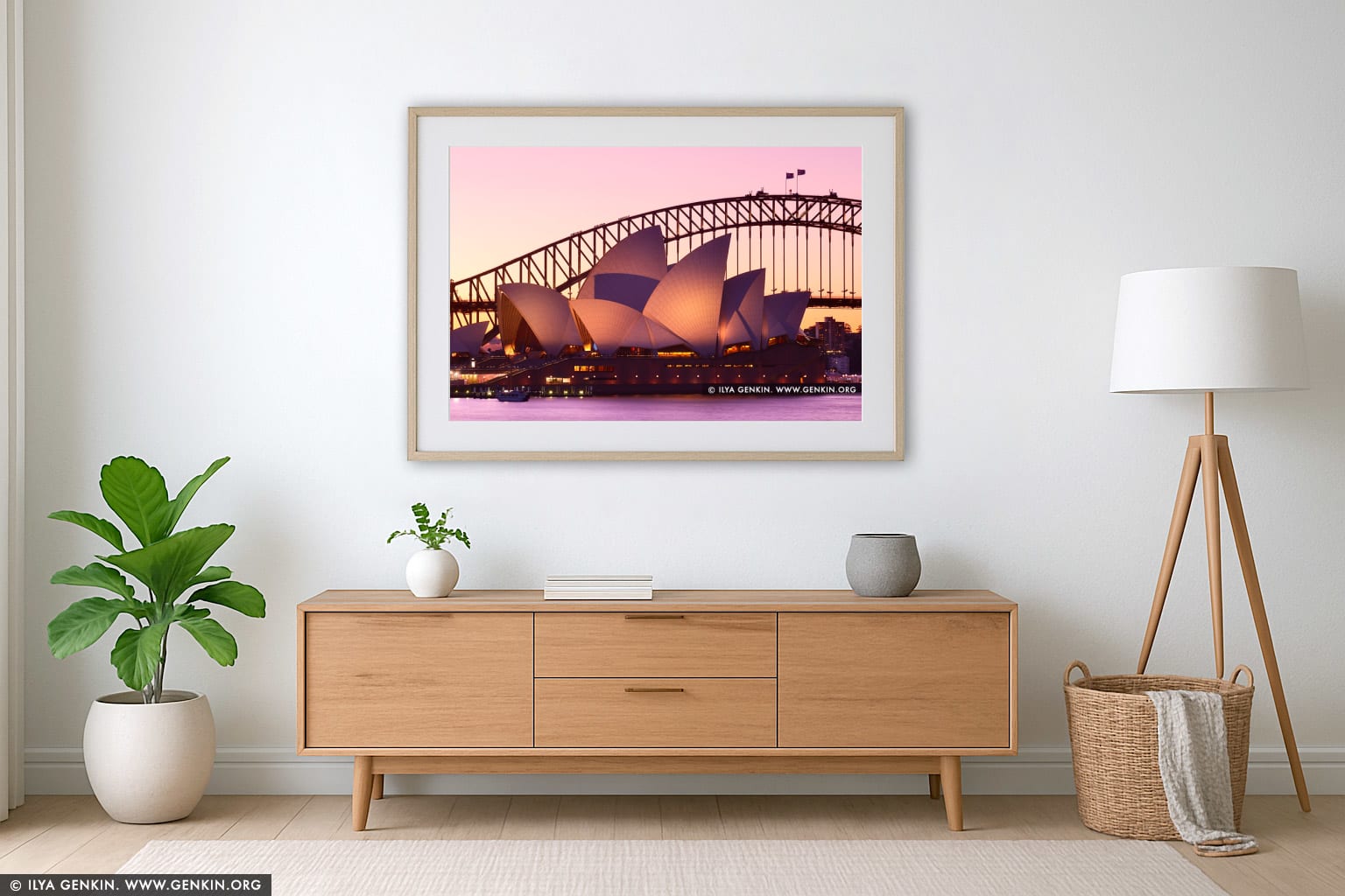 Sydney Opera House from Mrs Macquarie's Chair after Sunset wall art in a contemporary living room interior