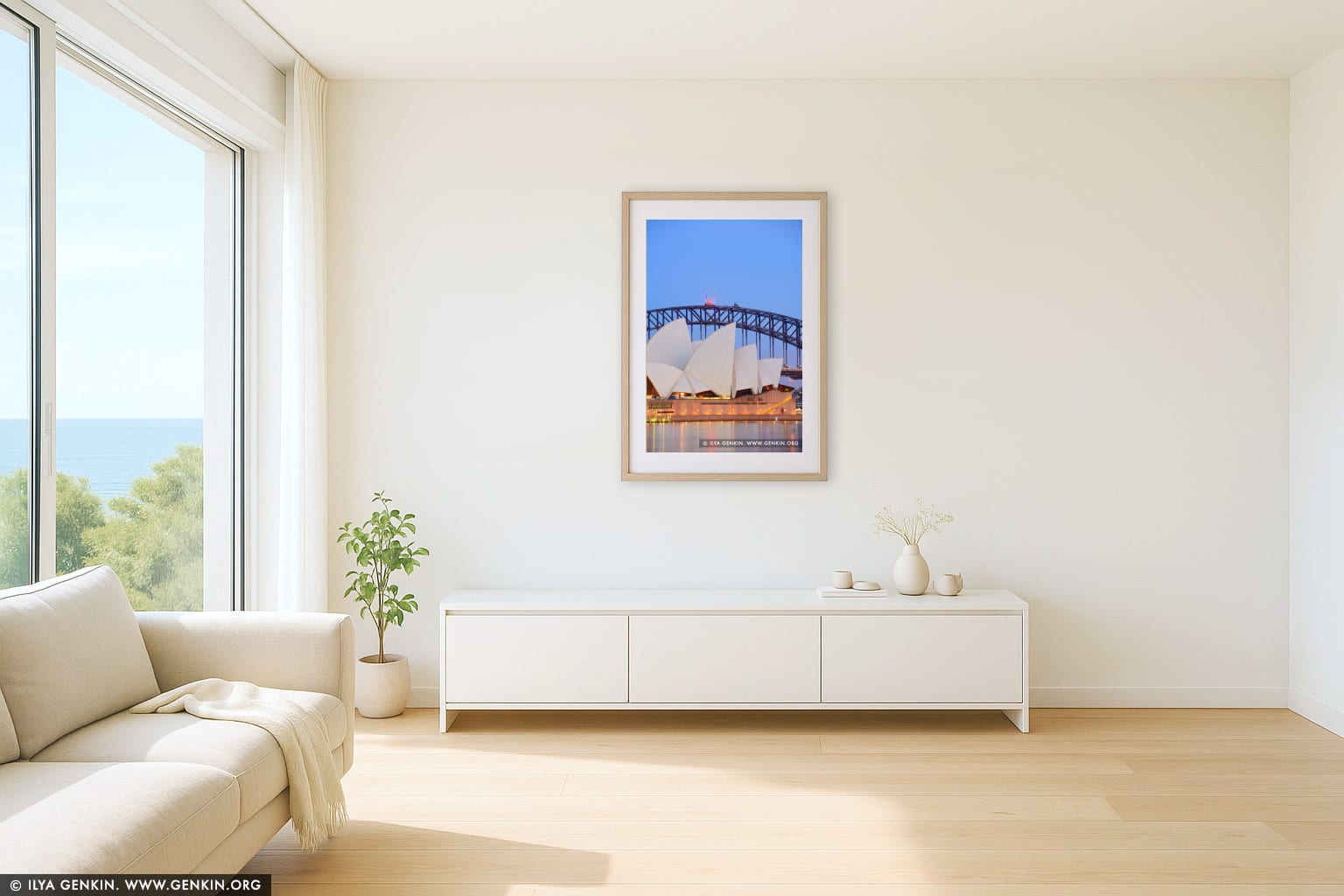 Sydney Opera House and Harbour Bridge At Twilight wall art in a contemporary living room interior