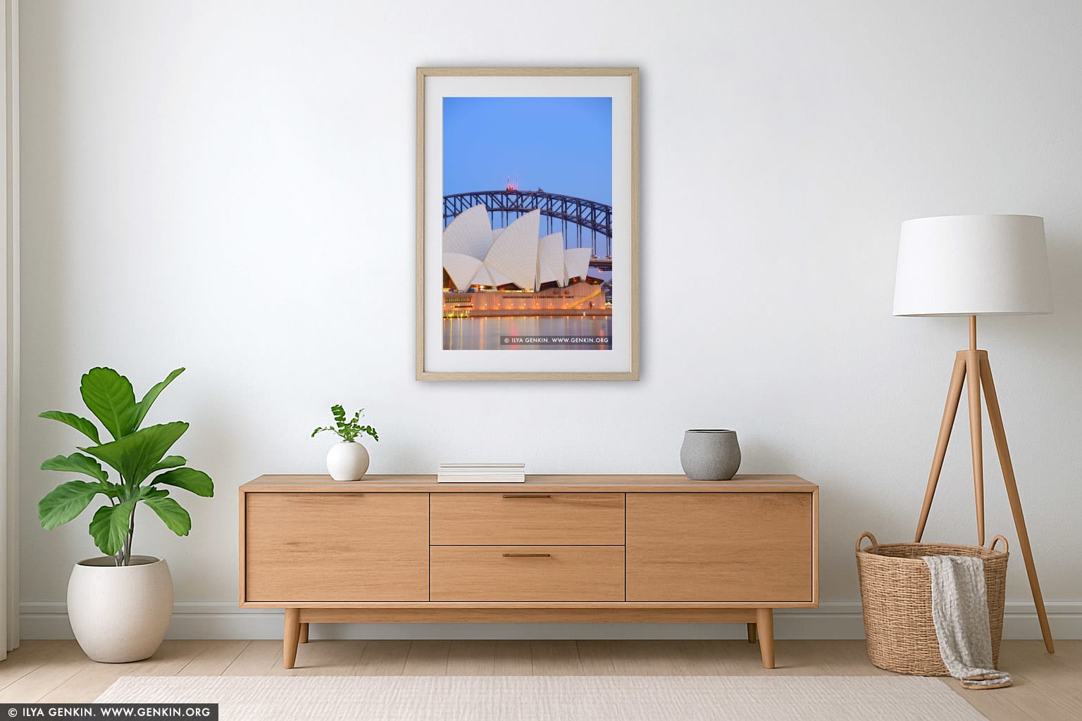 Sydney Opera House and Harbour Bridge At Twilight wall art in a minimalist living room interior