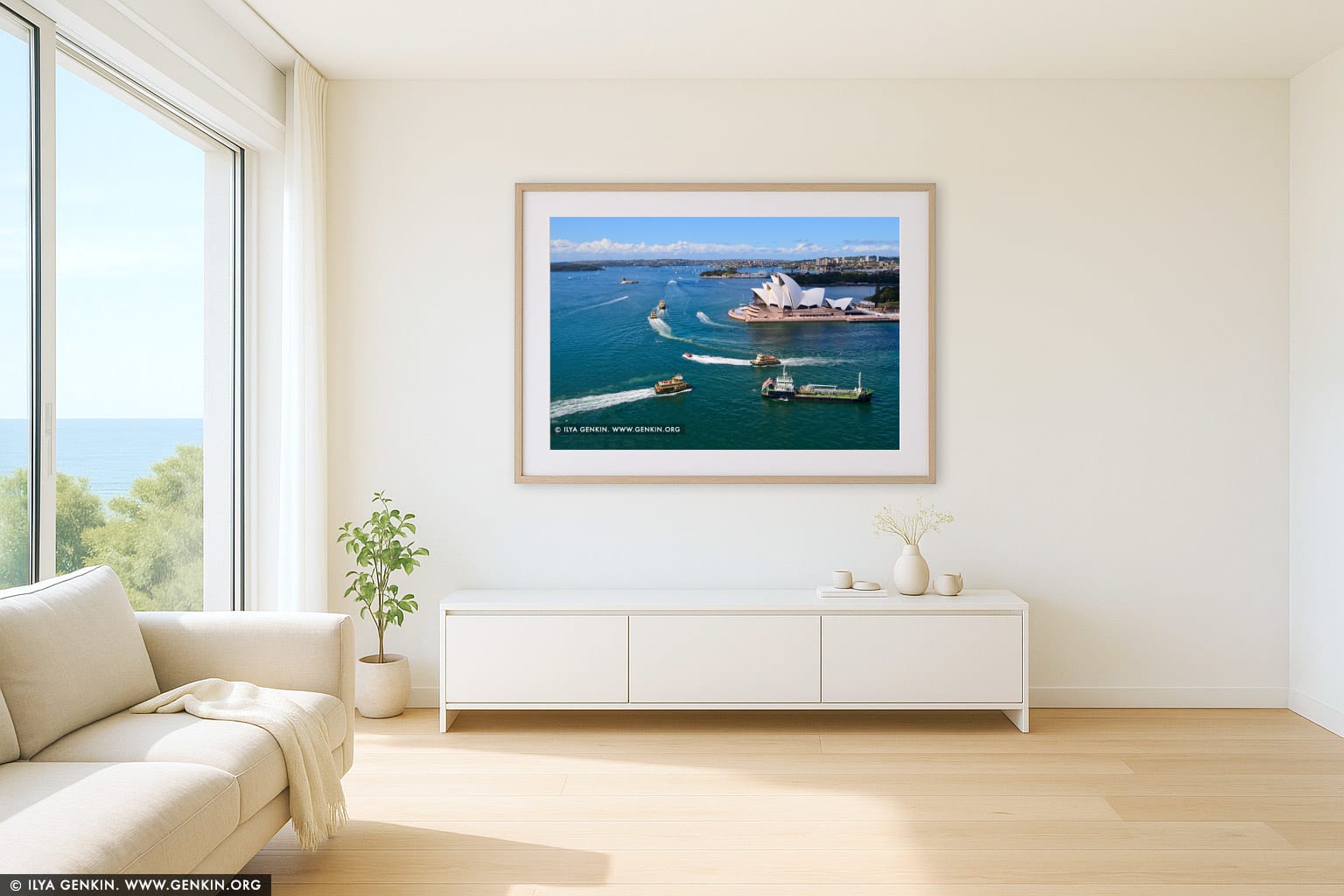 Busy Time in the Sydney Harbour wall art in a luxury living room interior