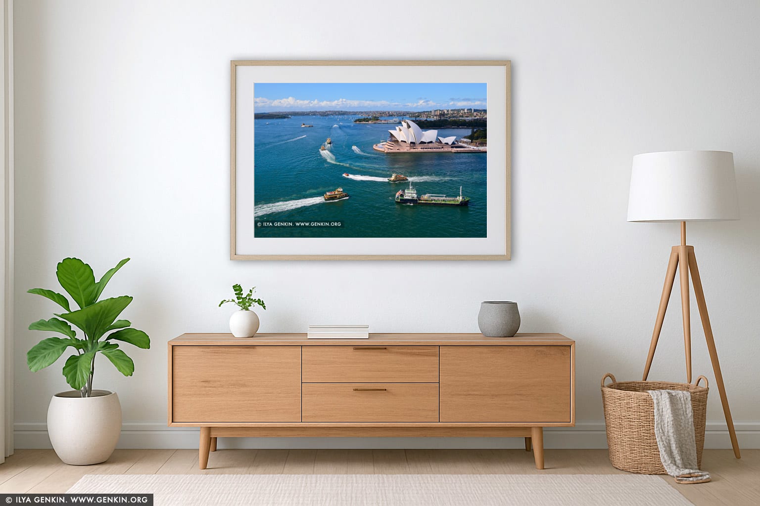 Busy Time in the Sydney Harbour wall art in a modern living room interior