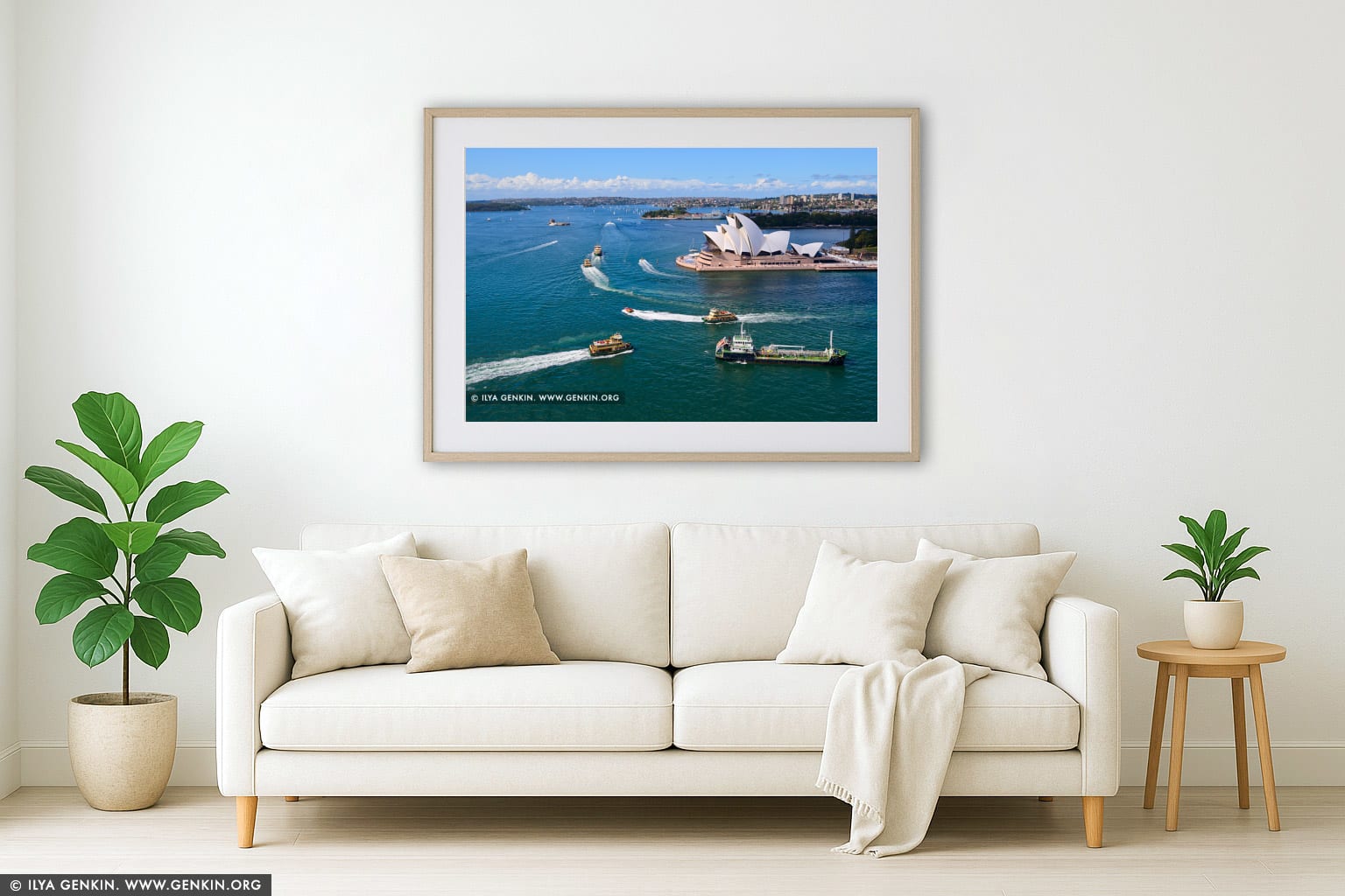 Busy Time in the Sydney Harbour wall art in a minimalist living room interior