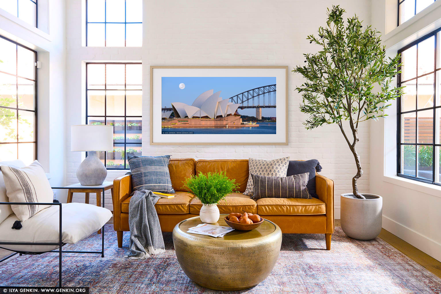 Super Moon Over Sydney Opera House wall art in a minimalist living room interior