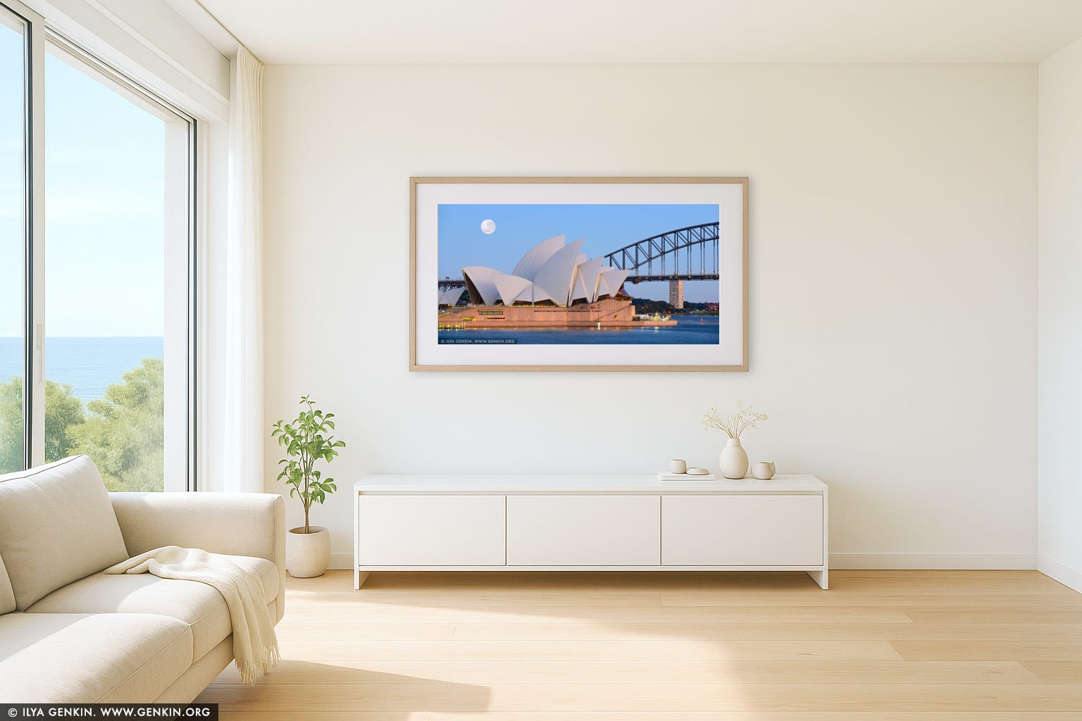 Super Moon Over Sydney Opera House wall art in a minimalist living room interior