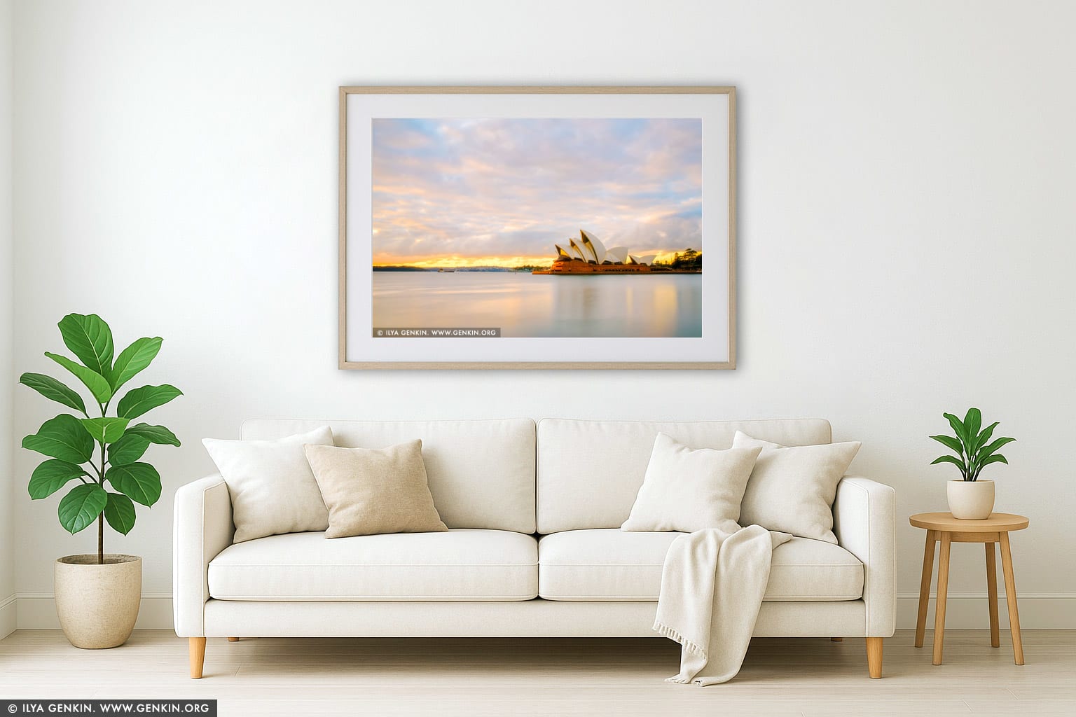 Paster Sunrise Over Sydney Opera House wall art in a luxury living room interior