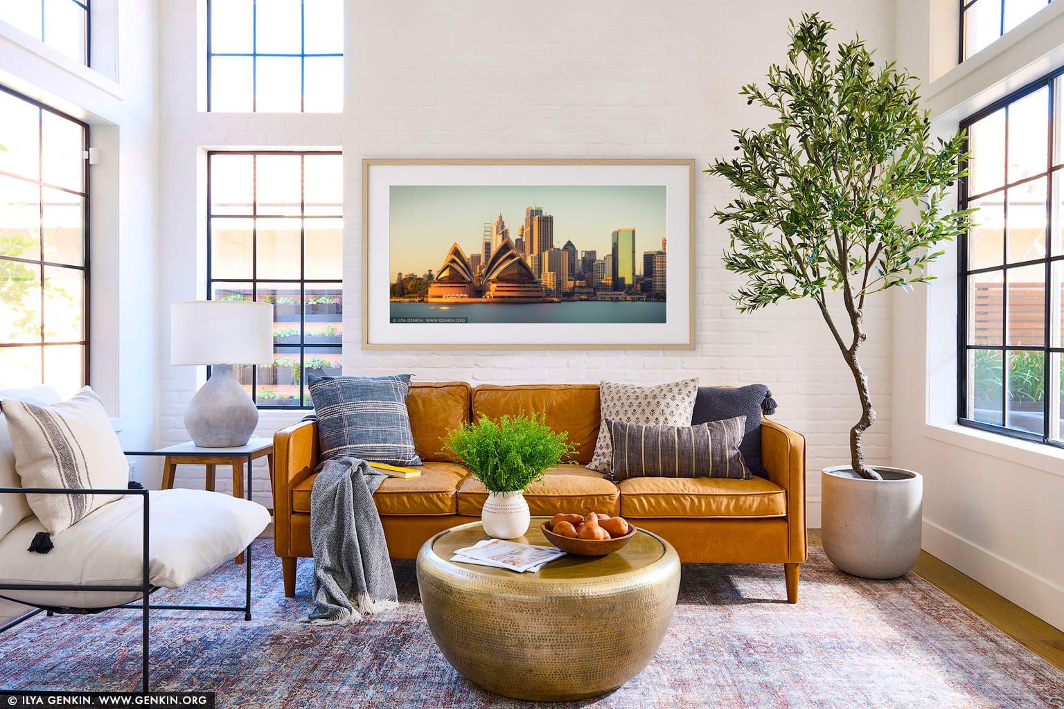 Opera House and Sydney City at Sunrise wall art in a modern living room interior