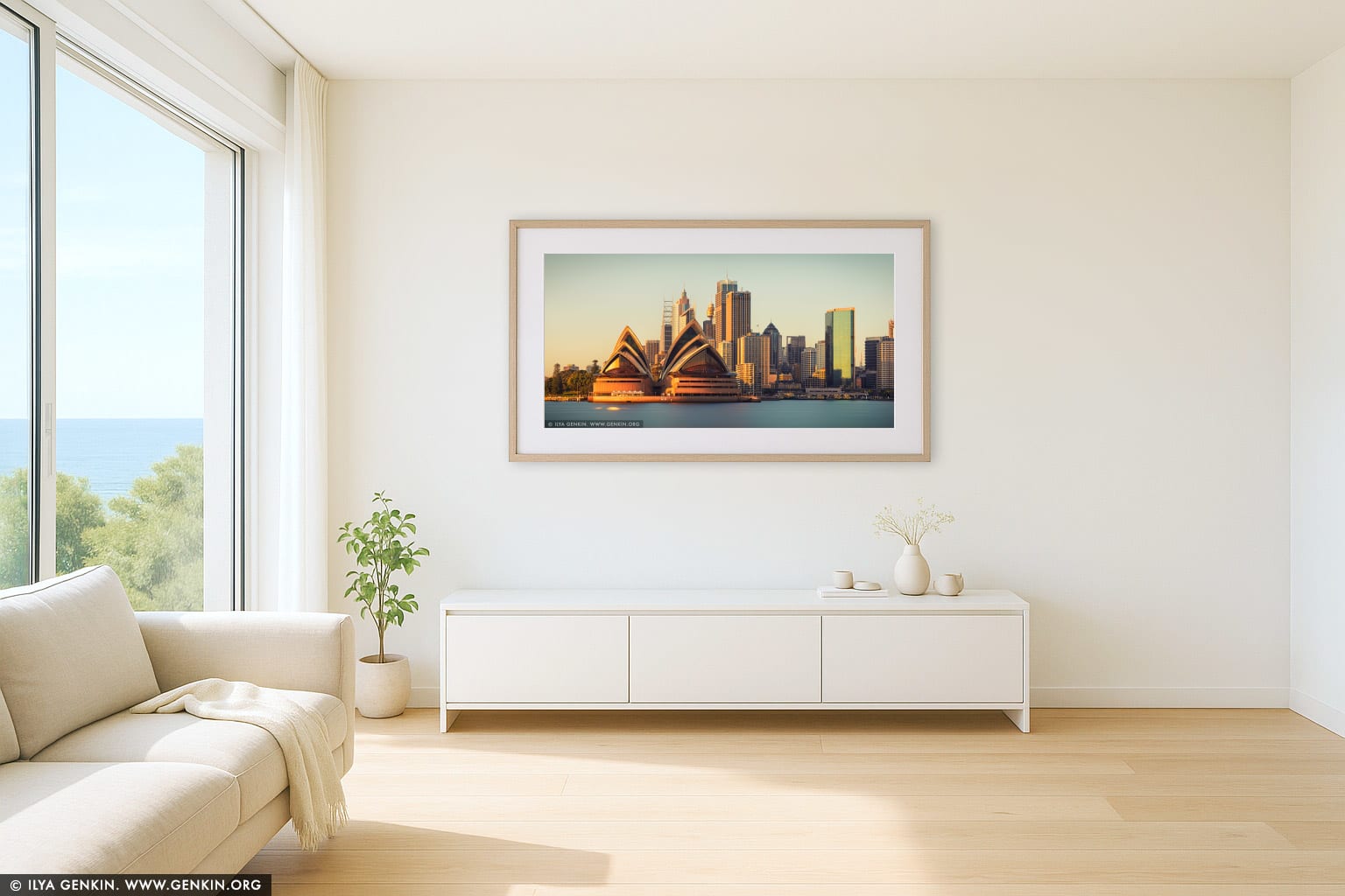 Opera House and Sydney City at Sunrise wall art in a modern living room interior