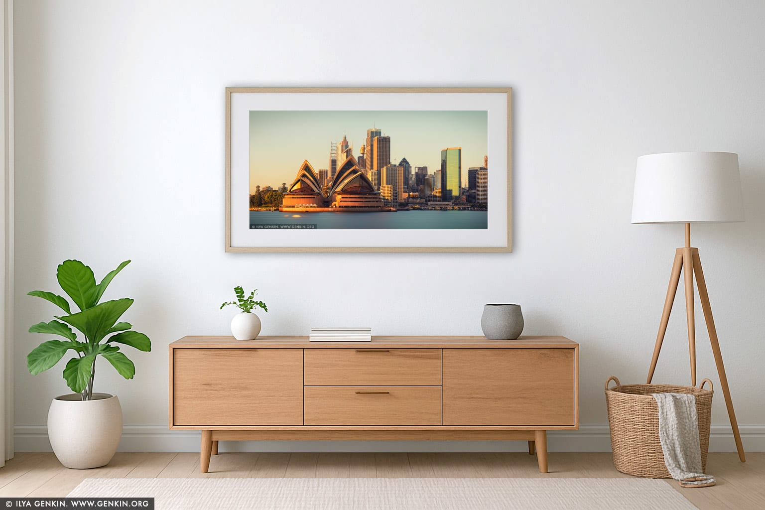 Opera House and Sydney City at Sunrise wall art in a contemporary living room interior