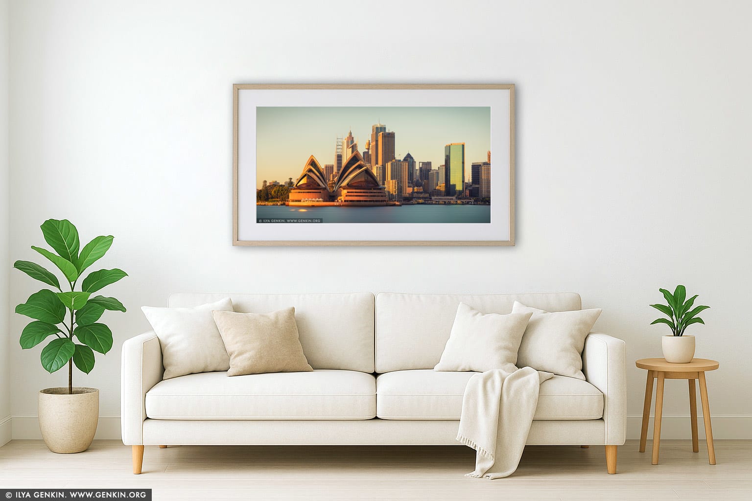 Opera House and Sydney City at Sunrise wall art in a luxury living room interior