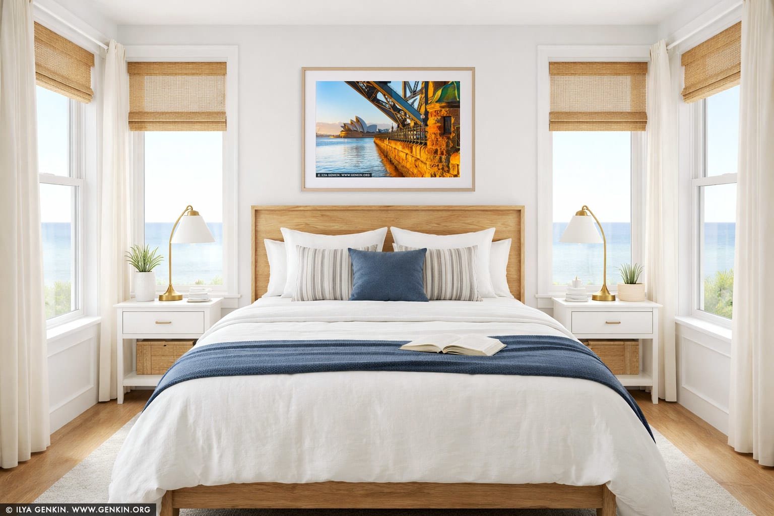 Harbour Embrace, Sydney Opera House wall art in a bedroom interior
