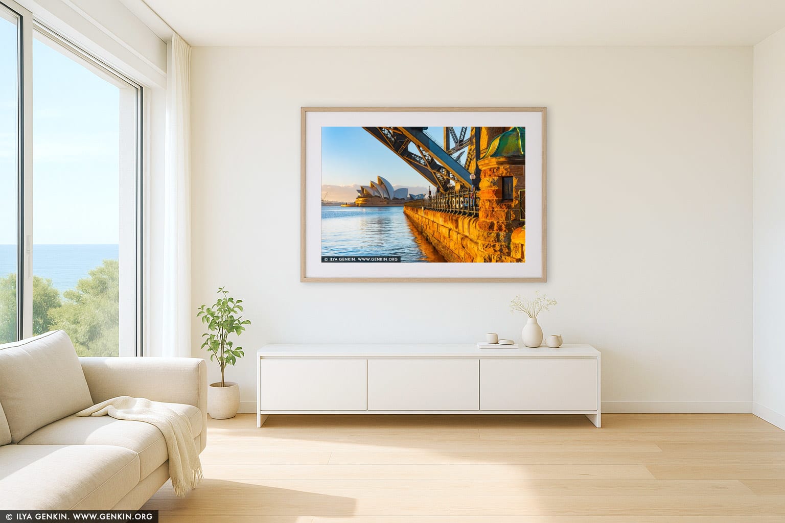 Harbour Embrace, Sydney Opera House wall art in a minimalist living room interior