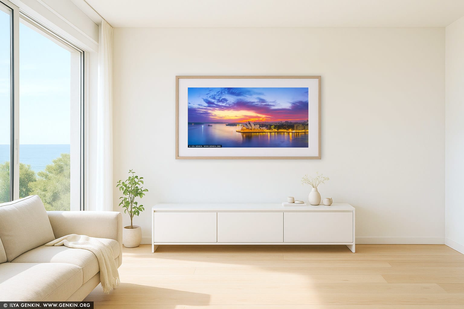 Sydney Opera House at Sunrise wall art in a modern living room interior