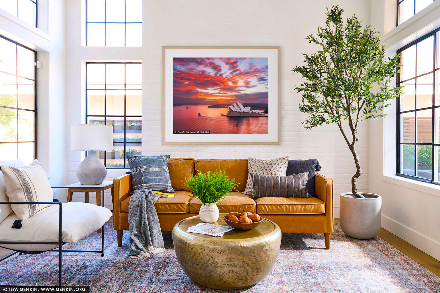Sydney Opera House at Fiery Sunrise wall art in a contemporary living room interior