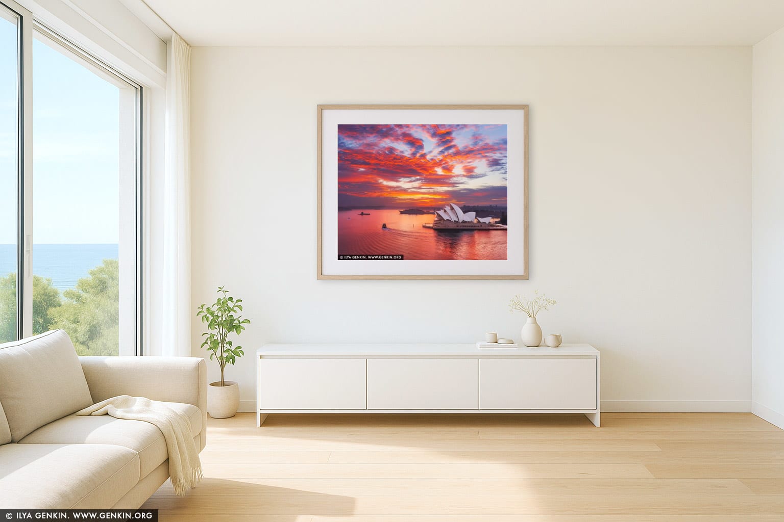 Sydney Opera House at Fiery Sunrise wall art in a contemporary living room interior