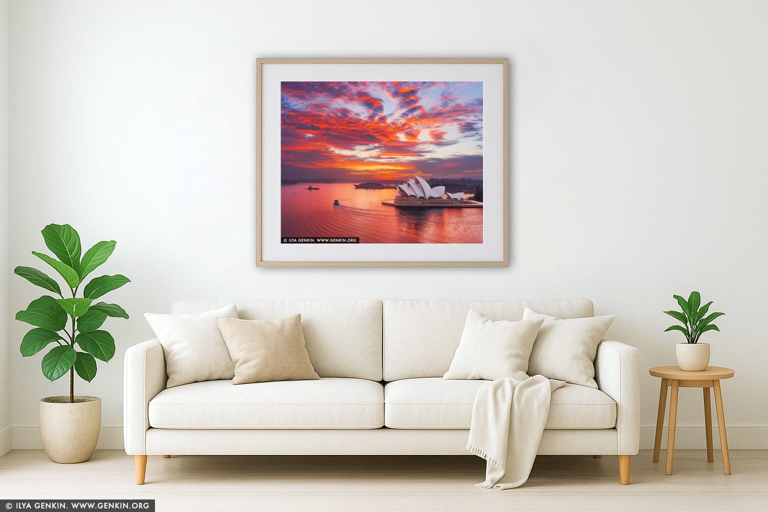 Sydney Opera House at Fiery Sunrise wall art in a modern living room interior