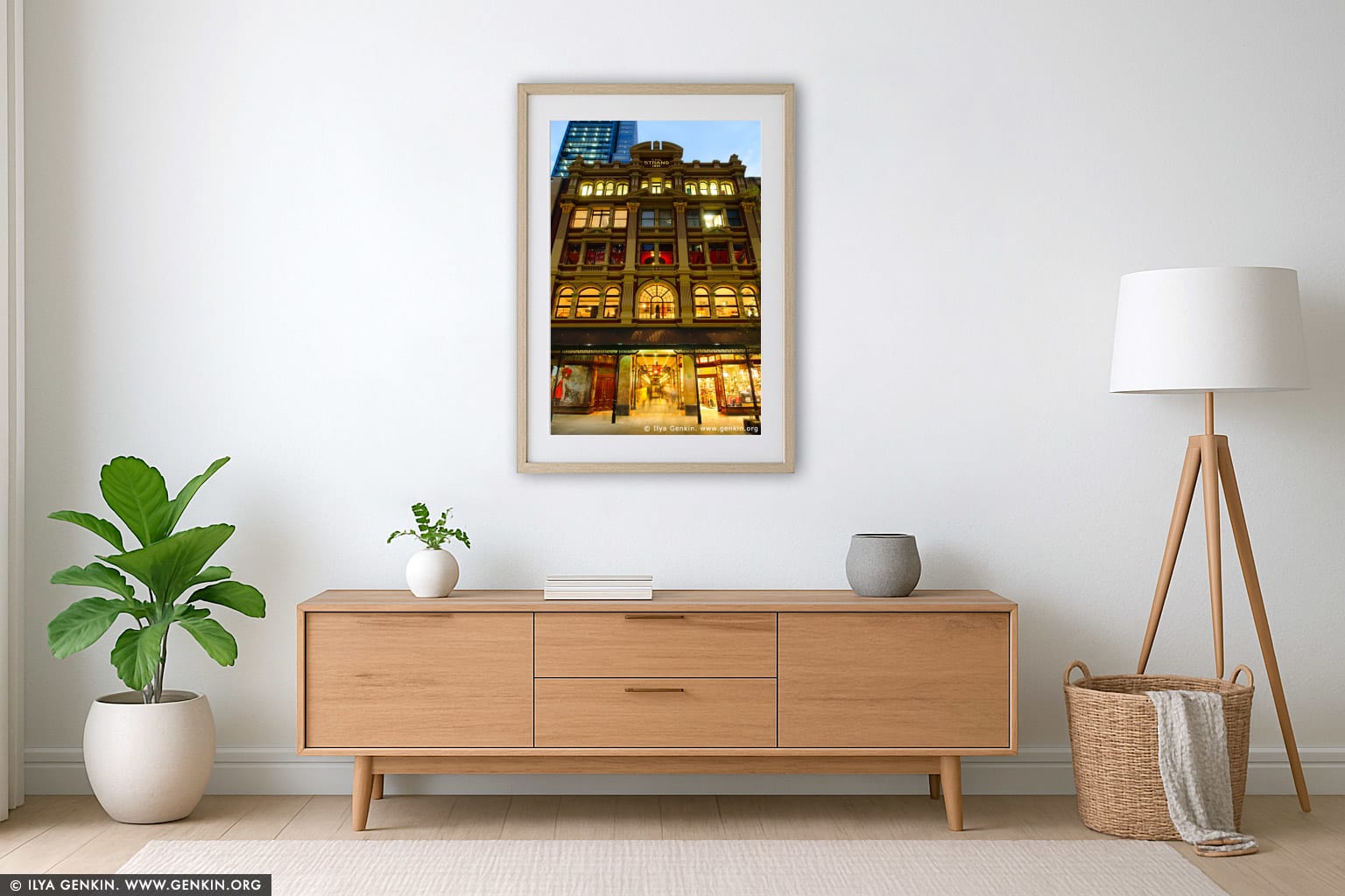 The Strand Arcade after Sunset wall art in a minimalist living room interior