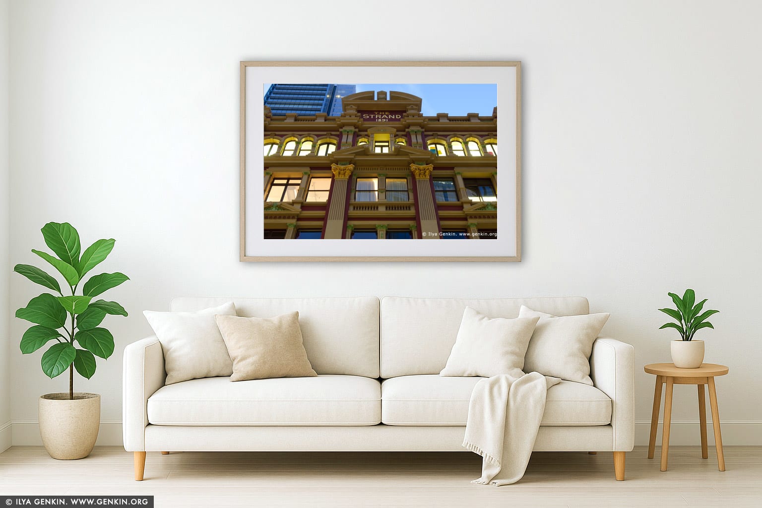 The Strand Arcade Roof Details wall art in a minimalist living room interior