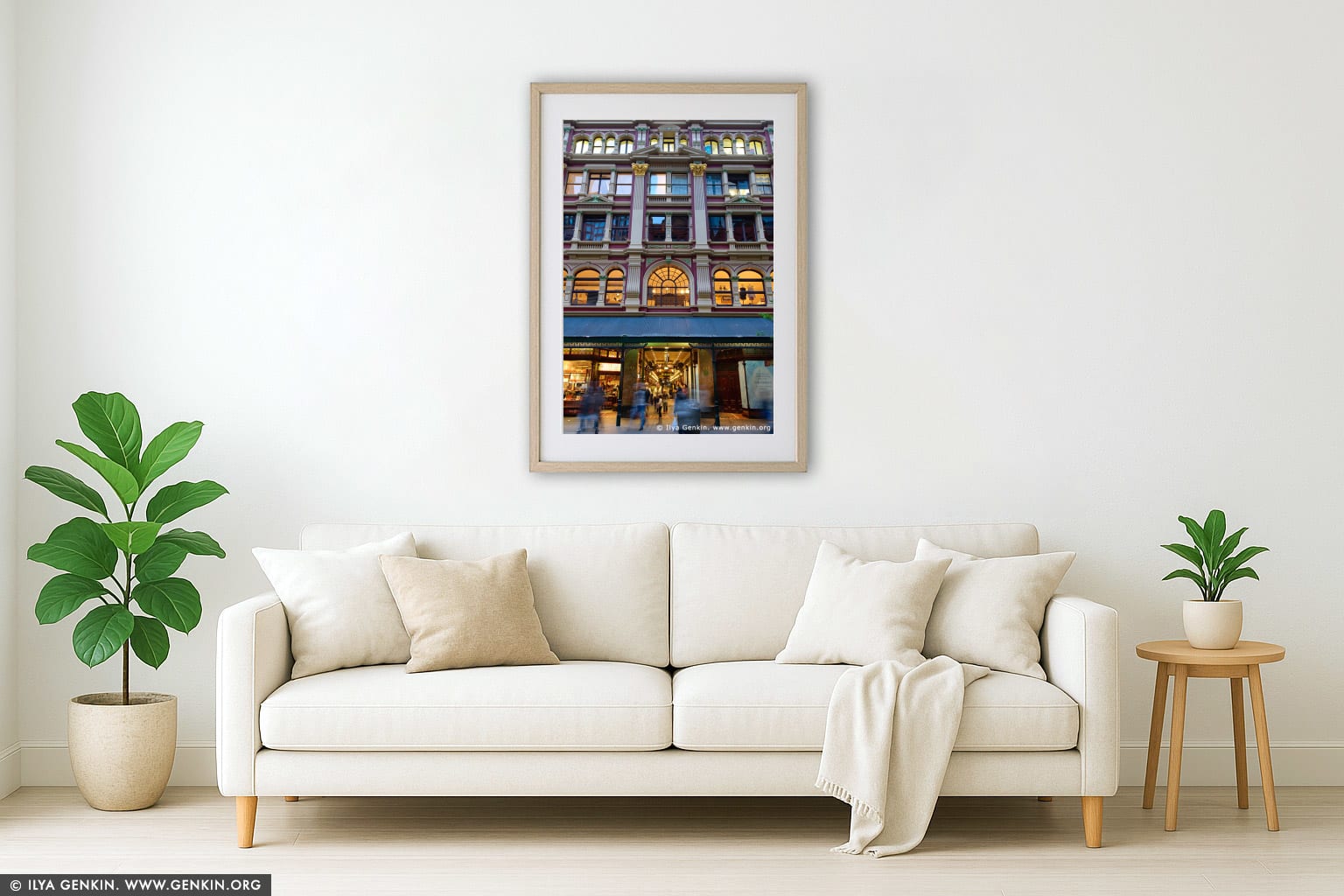 The Strand Arcade at Dusk wall art in a contemporary living room interior