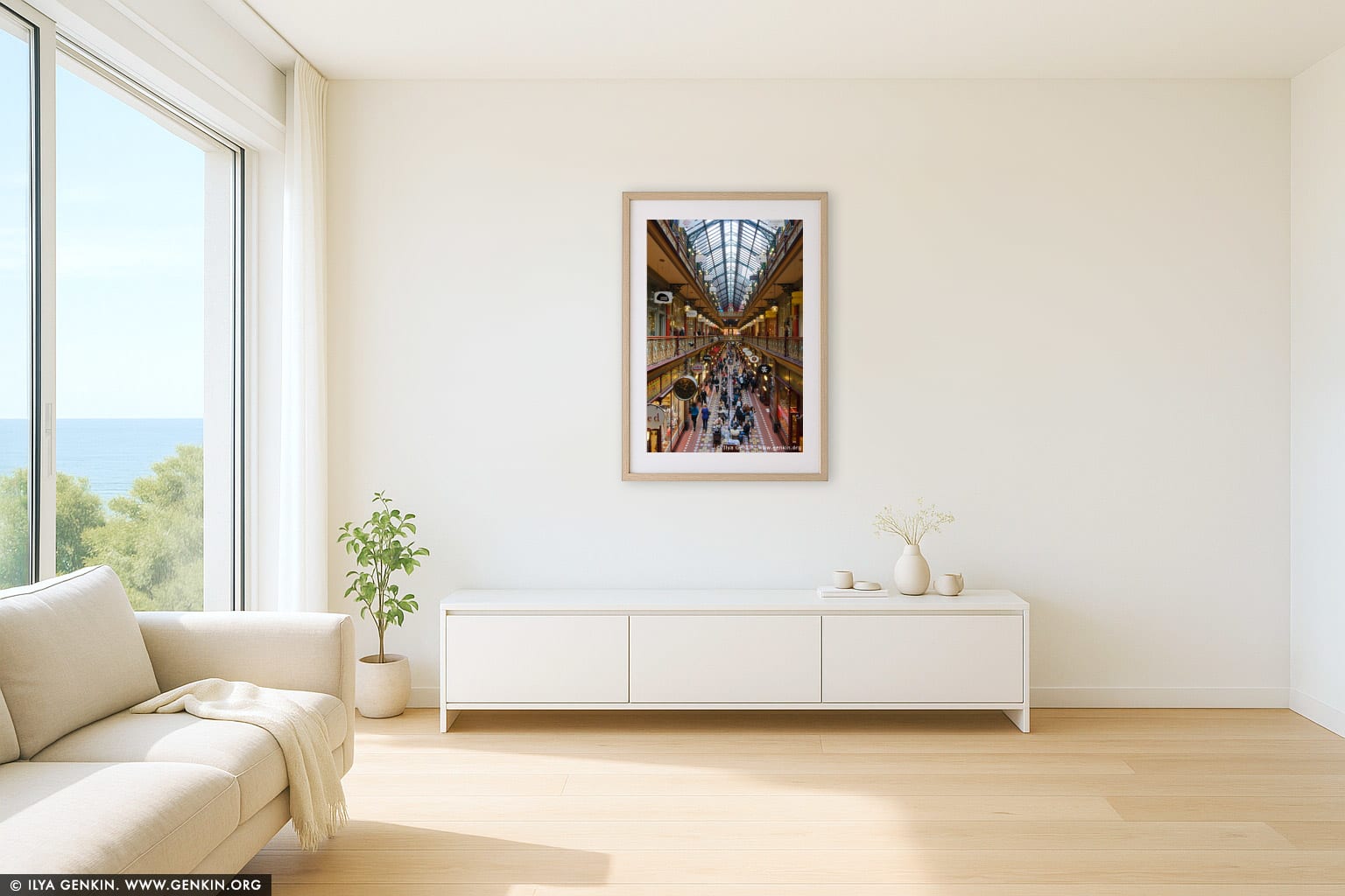 Interior of The Strand Arcade wall art in a modern living room interior
