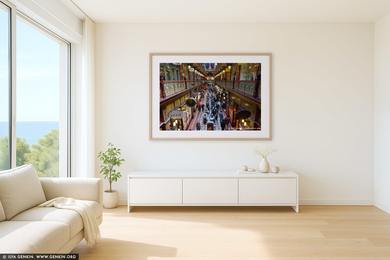 Interior of The Strand Arcade wall art in a contemporary living room interior