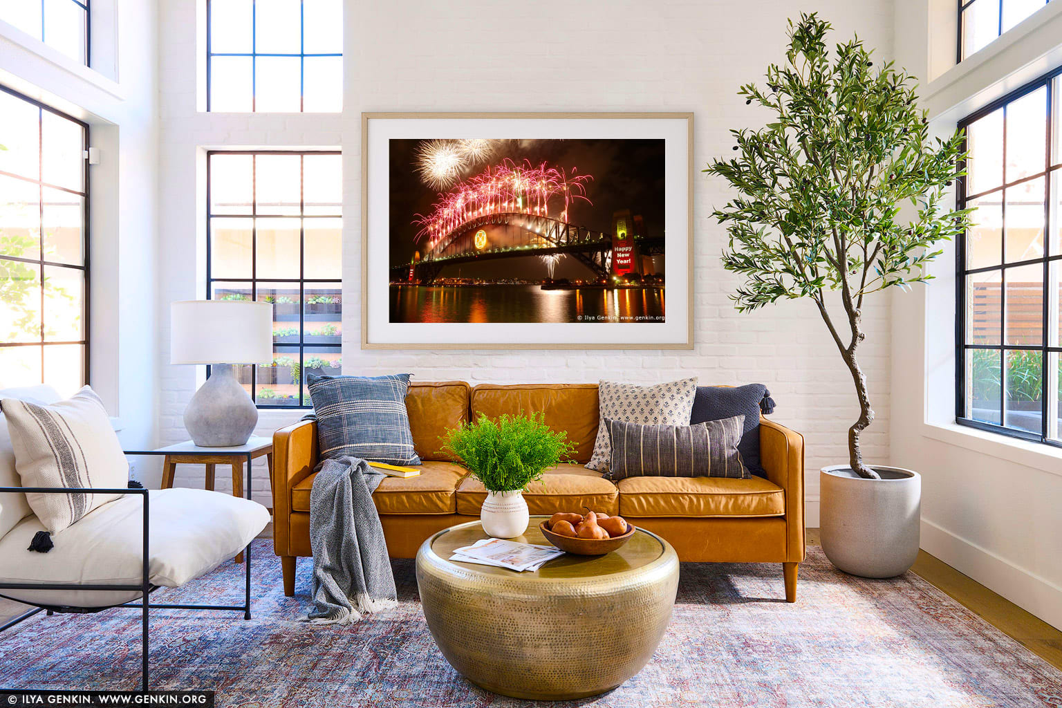 New Year Eve Fireworks over Sydney Harbour Bridge wall art in a contemporary living room interior