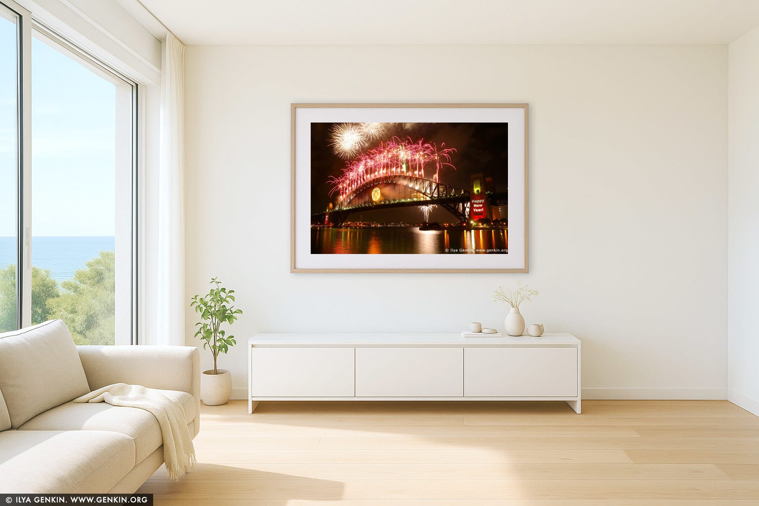 New Year Eve Fireworks over Sydney Harbour Bridge wall art in a contemporary living room interior