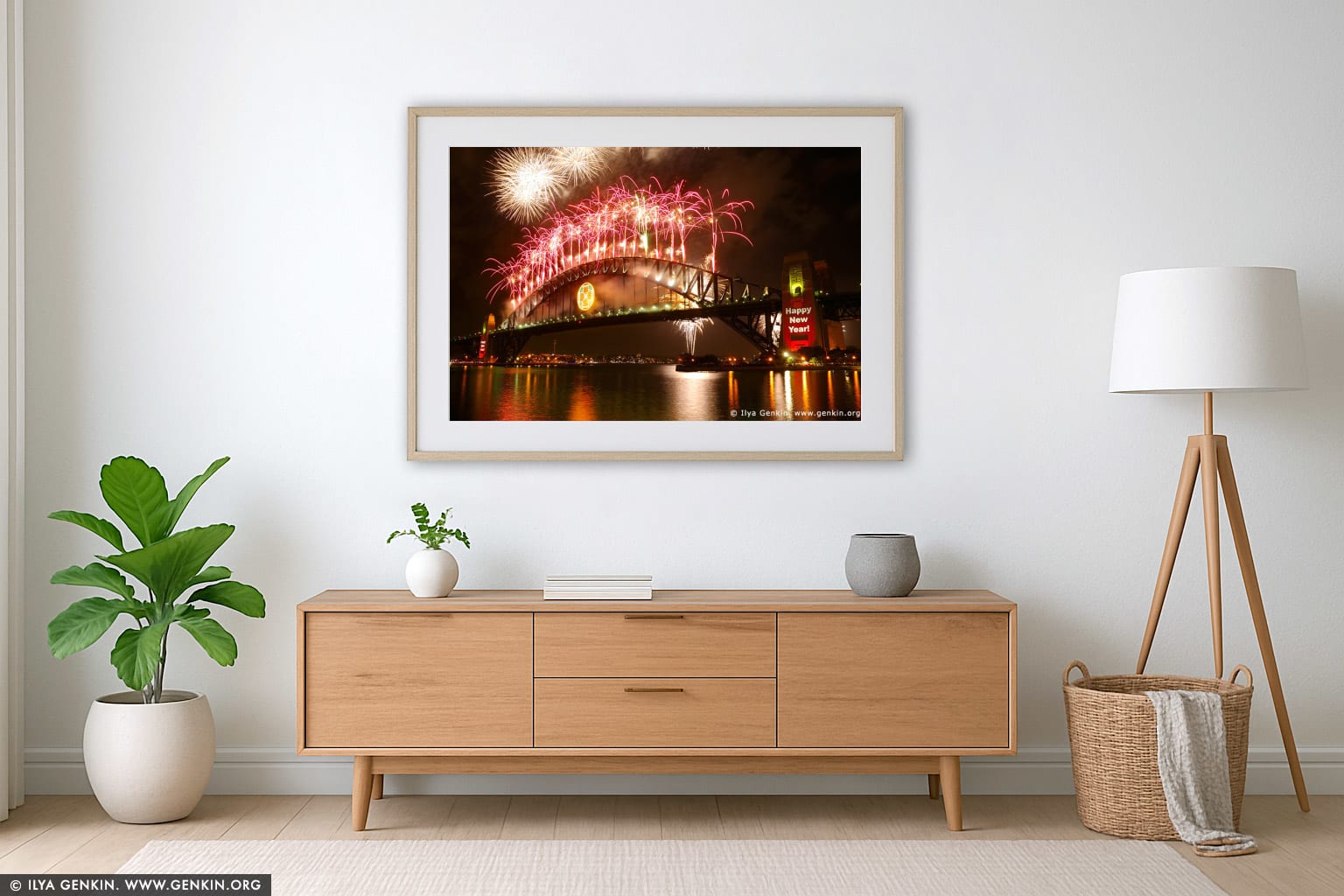 New Year Eve Fireworks over Sydney Harbour Bridge wall art in a minimalist living room interior