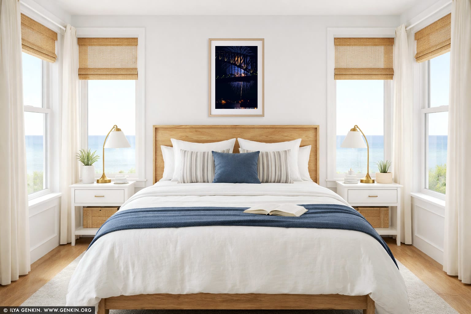 New Year Eve Fireworks over Sydney Harbour Bridge wall art in a modern living room interior