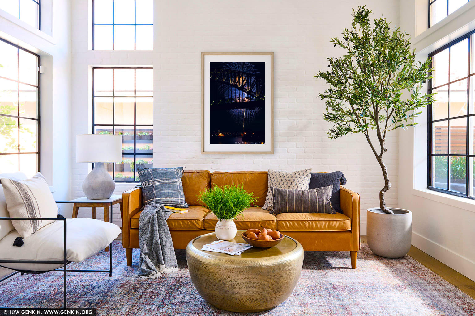 New Year Eve Fireworks over Sydney Harbour Bridge wall art in a minimalist living room interior