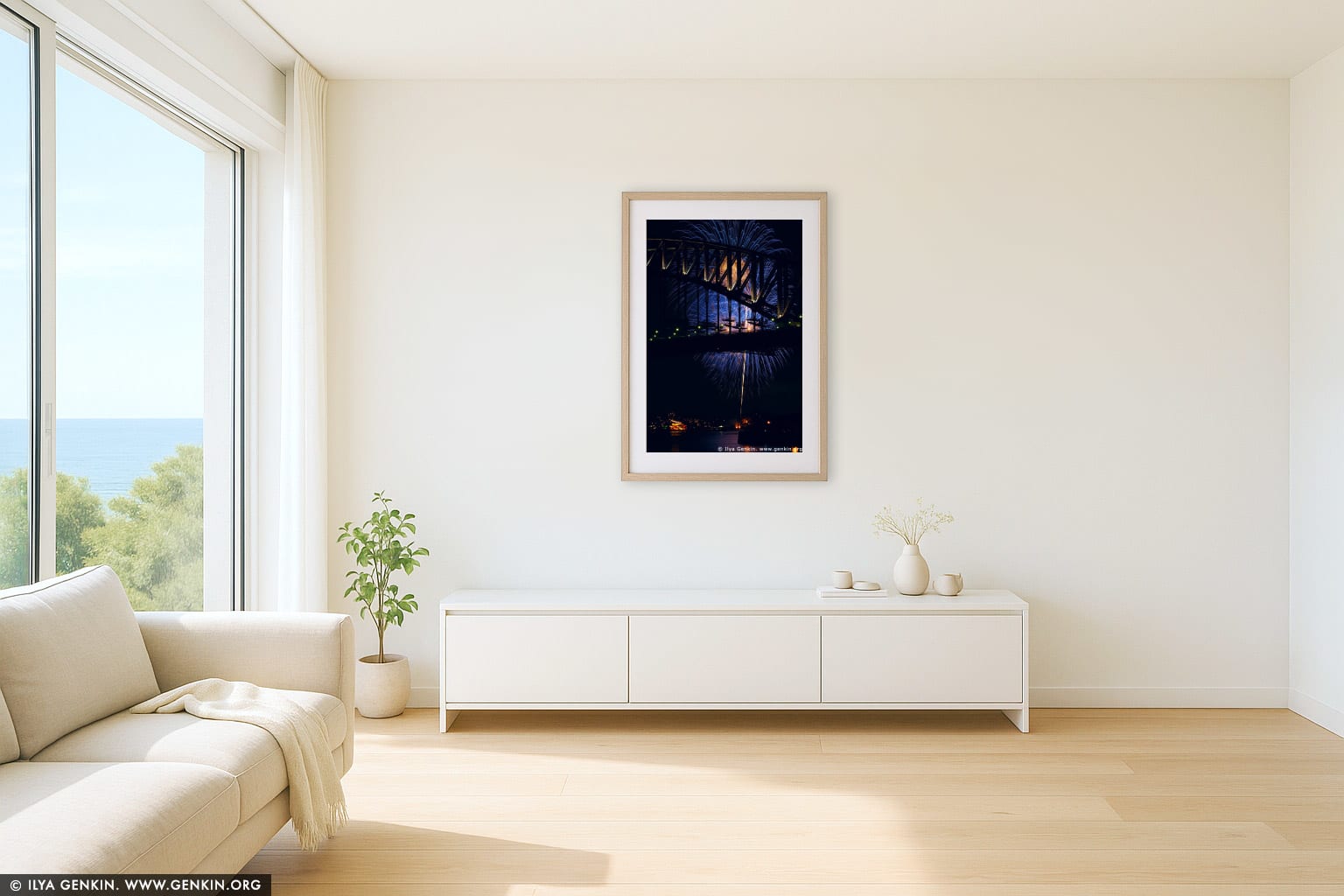 New Year Eve Fireworks over Sydney Harbour Bridge wall art in a minimalist living room interior