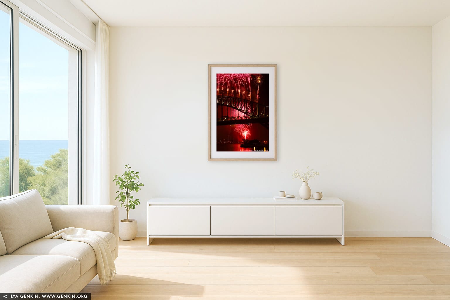 New Year Eve Fireworks over Sydney Harbour Bridge wall art in a modern living room interior