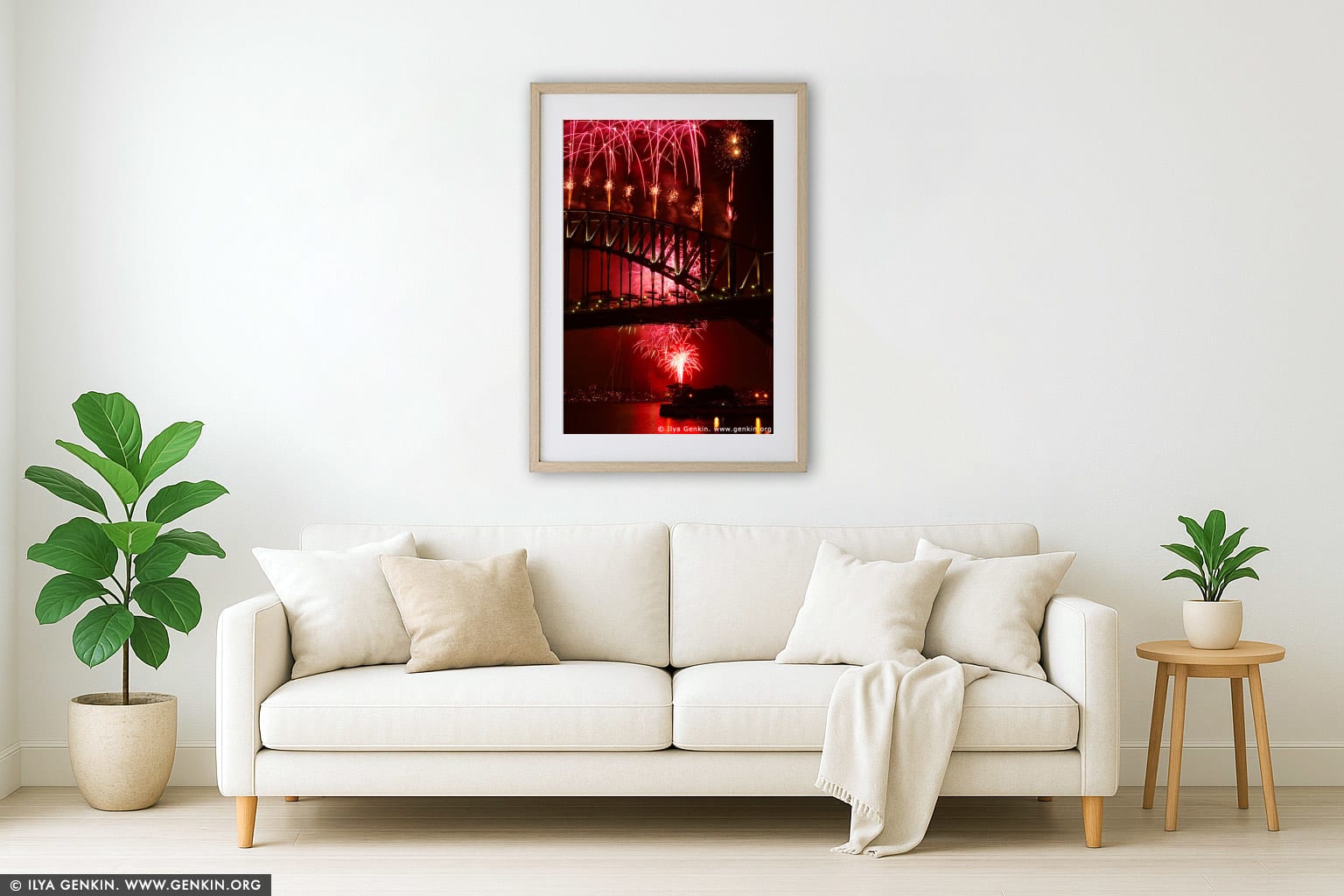 New Year Eve Fireworks over Sydney Harbour Bridge wall art in a luxury living room interior