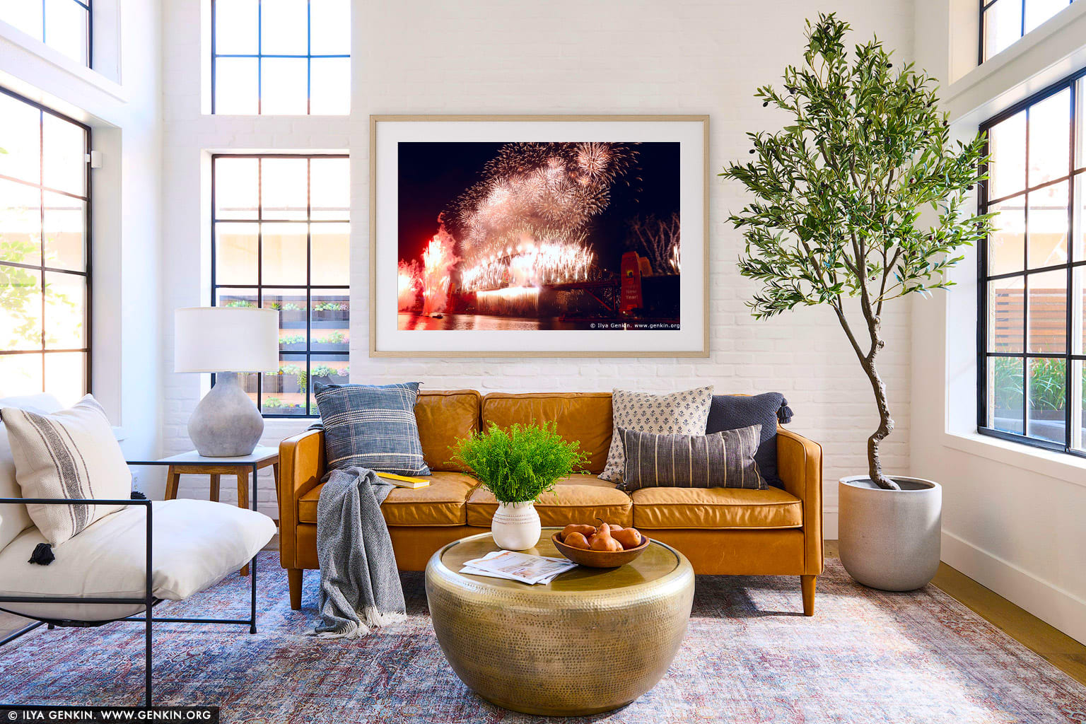 New Year Eve Fireworks over Sydney Harbour Bridge wall art in a minimalist living room interior