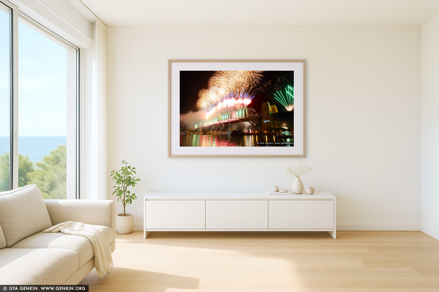 New Year Eve 2012 Fireworks over Sydney Harbour wall art in a contemporary living room interior