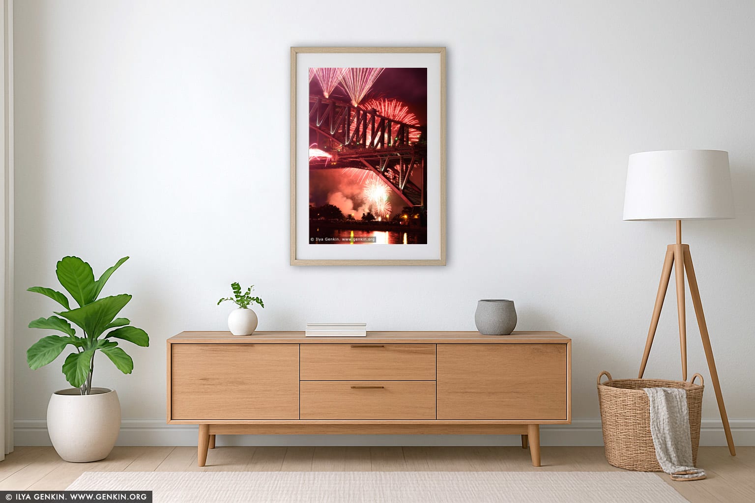 New Year Eve Fireworks over Sydney Harbour Bridge wall art in a minimalist living room interior