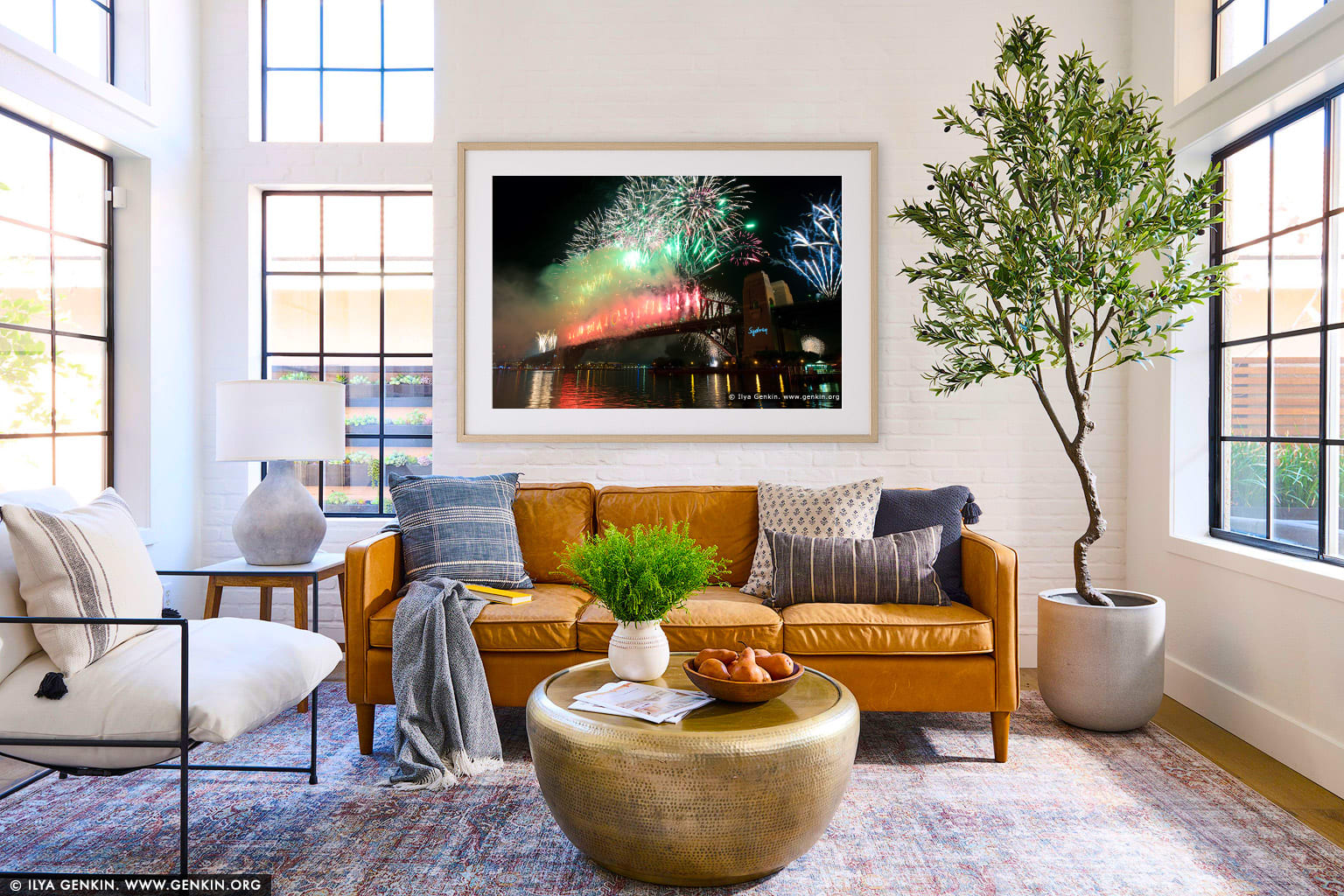 New Year Eve 2012 Midnight Fireworks Display wall art in a minimalist living room interior