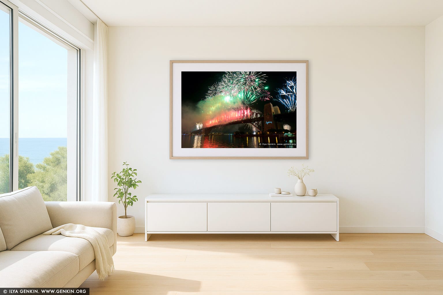 New Year Eve 2012 Midnight Fireworks Display wall art in a minimalist living room interior