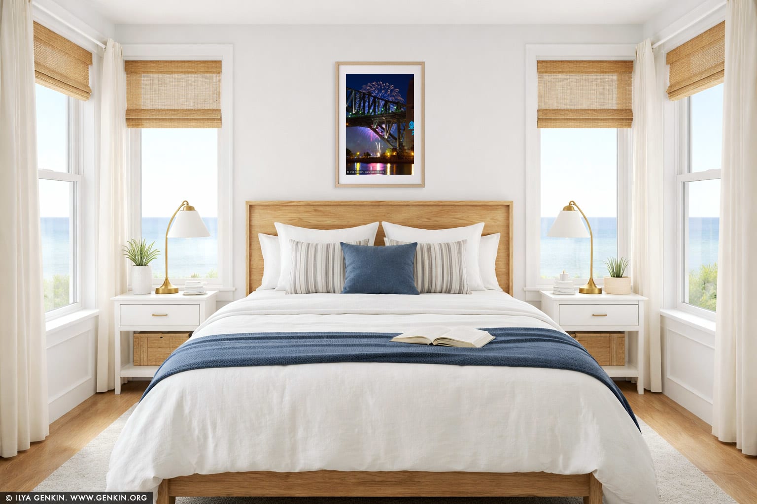 Midnight Fireworks over Sydney Harbour Bridge wall art in a contemporary living room interior