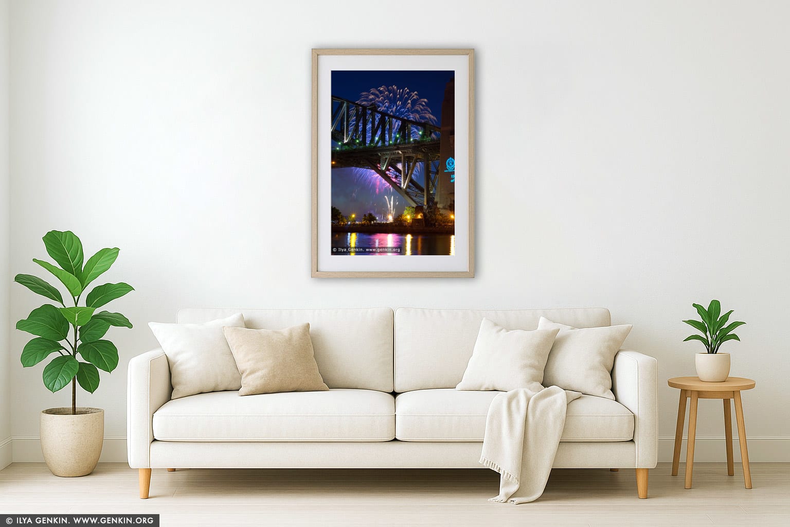 Midnight Fireworks over Sydney Harbour Bridge wall art in a minimalist living room interior