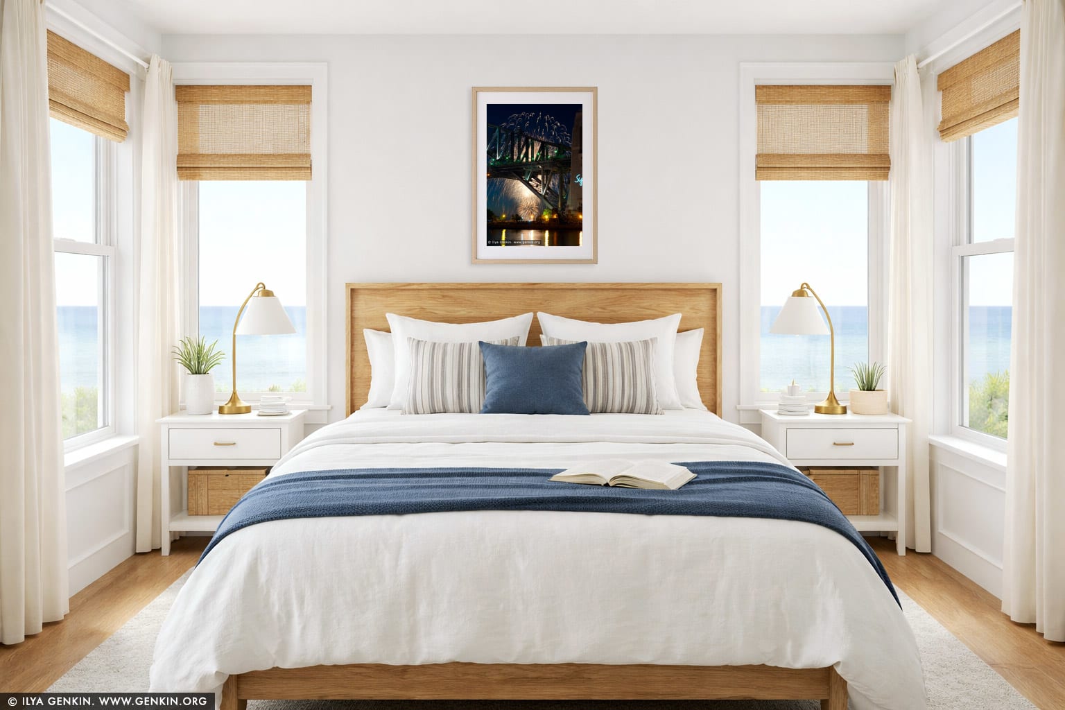 Sydney's New Year Eve Fireworks over Harbour Bridge wall art in a minimalist living room interior