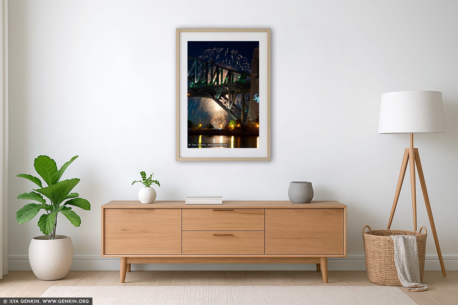 Sydney's New Year Eve Fireworks over Harbour Bridge wall art in a contemporary living room interior